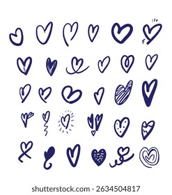 Dark blue color Heart Elements collection Hand Drawing