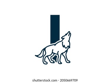 Dark blue color of I initial letter with wolf design