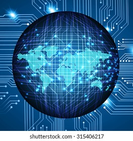 Dark blue color Light Abstract Technology background for computer graphic website internet and business. circuit. vector illustration. infographics. motion move blur.neon. pixel. World Map, Global.