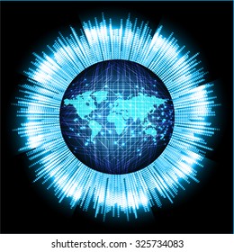 Dark blue color Light Abstract Technology background for computer graphic website internet and business. circuit. vector illustration. infographics. motion move blur.neon. pixel. World Map, Global
