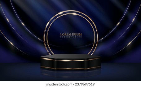 dark blue color product display luxury background.golden glittering lines with light rays.modern and creative royal award banner.vector illustration modern black podium and golden rings backdrop.