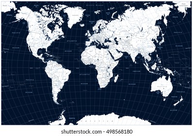 Dark blue color World Map and water objects. Highly detailed vector illustration of World Map.