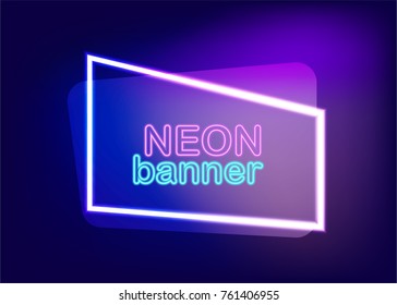 Dark blue colored blank mock up background. Neon empty sale banner vector illustration. Label template fashion 80s-90s. Electricity light text message frame. Glow festive modern flare shine.