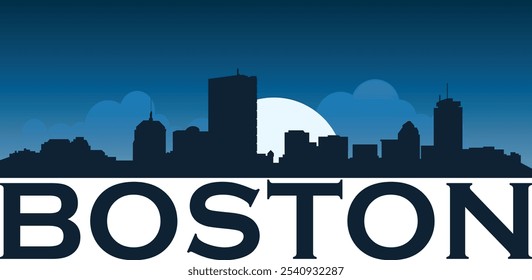 Céu azul escuro da cidade de Boston ao luar com inscrição do nome da cidade