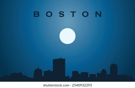 Céu azul escuro da cidade de Boston no luar com inscrição do nome da cidade