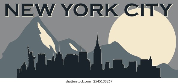 Horizonte de la ciudad de color azul oscuro de la ciudad de la Nueva ciudad de York con fondo gris con bellezas naturales con la inscripción del nombre de la ciudad