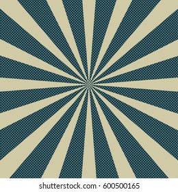 Dark blue colored halftone background retro vector illustration. Sunbeam dot vintage blank backdrop for comic letter, word, phrase.