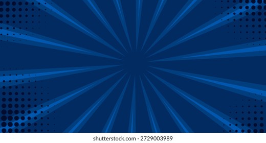 Fondo azul oscuro de estilo cómico con líneas de ráfaga radial y patrones de semitonos. Diseño audaz y enérgico ideal para temas de superhéroes, imágenes de juegos y contenido lleno de acción.