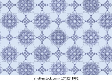 Dark blue complex outline of interconnecting circles and shapes makes an intricate repeating pattern on a light colored background, vector illustration geometric design