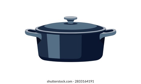 A dark blue cooking pot with a matching lid and two side handles, isolated on a white background.