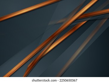 Dark blue corporate abstract background with glossy bronze stripes. Vector design