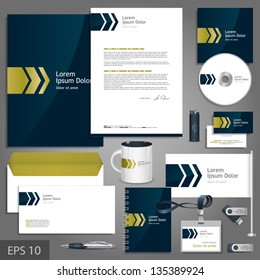 Dark blue corporate identity template with golden arrows. Vector company style for brandbook and guideline. EPS 10