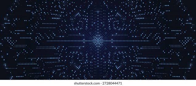 Dunkelblauer kosmischer Hintergrund mit glühenden Teilchen und kreisförmigen Umlaufbahnen, die Daten aus dem Weltraum und die Quantenphysik repräsentieren.