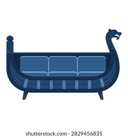 Dark blue couch in shape of ancient Viking longboat with dragon head, modern home decor