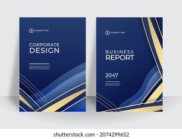 Dark blue cover corporate design with golden shapes element decoration. Vector illustration for annual report, business cover, flier, brochure, poster, modern presentation 