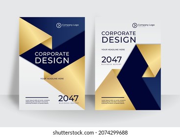 Dark blue cover corporate design with golden shapes element decoration. Vector illustration for annual report, business cover, flier, brochure, poster, modern presentation 