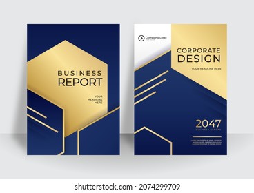 Dark blue cover corporate design with golden shapes element decoration. Vector illustration for annual report, business cover, flier, brochure, poster, modern presentation 