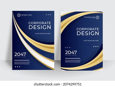 Diseño corporativo de cubierta azul oscuro con formas doradas y decoración de elementos. Ilustración vectorial para el informe anual, portada comercial, volante, folleto, cartel, presentación moderna 