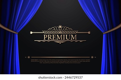 Dark blue curtain scene gracefully. Cover with vertical motion blur and text. Like curtains in theater. Elegance vector backdrop with vintage sign