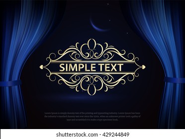 La escena de la cortina azul oscuro con gracia. Cubierta con texto y desenfoque de movimiento vertical. Como cortinas en el teatro. Fondo vectorial elegante con signo vintage