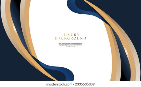 Plantilla abstracta de forma de curva azul oscura. Fondo de lujo premium con formas de curva y líneas de iluminación dorada sobre fondo blanco. Diseño lujoso y elegante. Perfecto para carteles, portadas