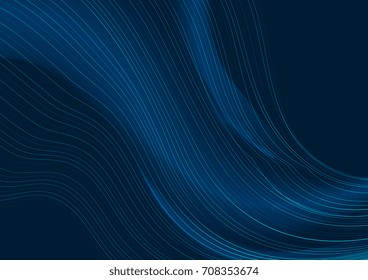Dark blue curved line abstract waves background. Vector sci-fi design
