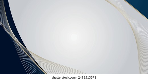 Dark blue curved shape abstract template. Premium luxury background with curved shapes and golden lighting lines on white background. Vector illustration.