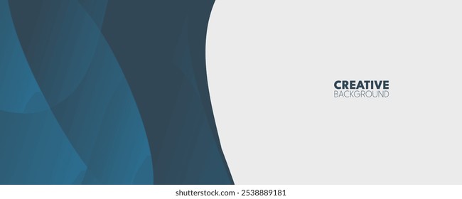 Dark blue curved shapes on a white background with text.