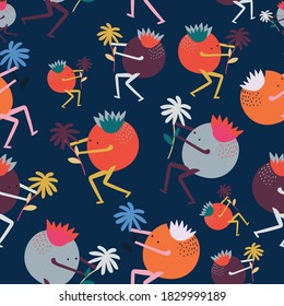 Dark Blue with cute berry characters seamless pattern background design.