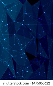 Dark blue cyan star thin line low polygon abstract background, broken glass triangular wallpaper, geometric technology banner, shiny crystal pattern design.