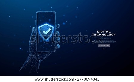 Dark blue cyber shield with checkmark protects mobile data. Futuristic HUD elements, neon accents. Phone security concept with holographic interface and digital defense tech. Digital vector