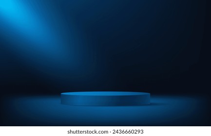 Dark Blue cylinder pedestal podium. Abstract studio room platform design. Empty room with spotlight effect. Use for product display presentation, cosmetic display mockup, showcase, media banner, etc.