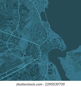 Dark blue Dar es Salaam city area, Tanzania, vector background map, roads and water illustration. Widescreen proportion, digital flat design roadmap.