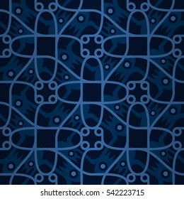Dark blue decorative seamless pattern in tracery style. Vivid, symmetric design for banner, carpet, banner or other purpose. Complicated tessellated repeatable backdrop.
