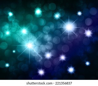 Dark blue Defocused Light, Flickering Lights, Vector abstract festive background with bokeh defocused lights. Universe, galaxies, stars. 