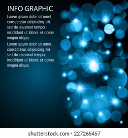 Dark blue Defocused Light, Flickering Lights, Vector abstract festive background with bokeh defocused lights. text box. card. Brochure. 