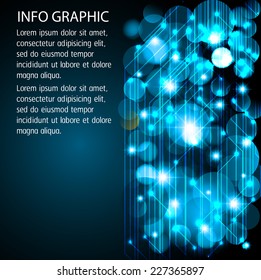 Dark blue Defocused Light, Flickering Lights, Vector abstract festive background with bokeh defocused light. text box. card. Brochure. Abstract Technology background for computer graphic.