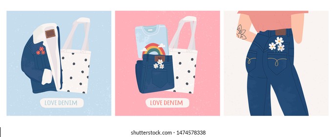 Dark blue denim jeans pants, insulated jacket, t-shirt with cool print and eco shopping bag. Hand drawn vector set of three trendy illustrations. Flat design. Stamp texture. All elements are isolated