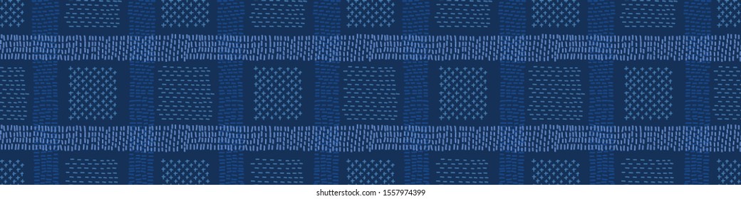 Dark Blue Denim Linen Vector Border Pattern. Heathered Marl Quilt Patchwork Effect. Woven Indigo Space Dyed Texture Banner Trim. Fabric Textile Background bordure Edging. Cotton Washi Tape EPS 10  