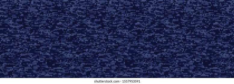 Dark Blue Denim Marl Melange Tweed Vector Border Pattern. Heathered Denim Knitting Style. Indigo Space Dyed Stitch Texture Fabric Textile Bordure Washi Tape. Wool Knit Effect Banner Trim. EPS 10 