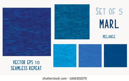 Dark blue denim marl seamless pattern. Jeans texture fabric textile background. Vector cotton melange t shirt all over print with horizontal stripe effect. Mottled blotched water ripple backdrop set. 