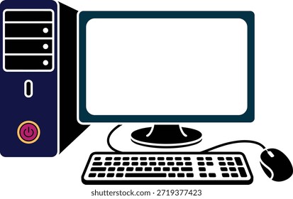 Teclado y ratón azul oscuro del monitor de la torre del ordenador de sobremesa con el Vector del Botón de poder.