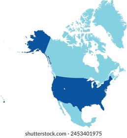 Dark blue detailed blank political map of the UNITED STATES on transparent background using orthographic projection of the light blue North American continent