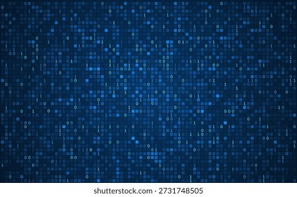 Dark blue digital background filled with glowing binary numbers and square data blocks. Represents big data, coding, cybersecurity, information technology, and modern digital systems.