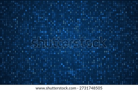 Dark blue digital background filled with glowing binary numbers and square data blocks. Represents big data, coding, cybersecurity, information technology, and modern digital systems.