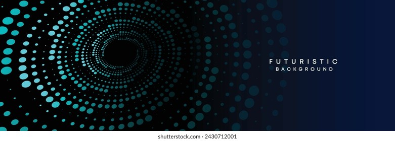 Dark blue digital technology banner gradient web background. Blue abstract waving lines and halftone circles frame glowing geometric diagonal pattern business background for brochure, cover, header