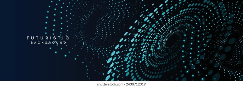 Dark blue digital technology banner gradient web background. Blue abstract waving lines and halftone circles frame glowing geometric diagonal pattern business background for brochure, cover, header