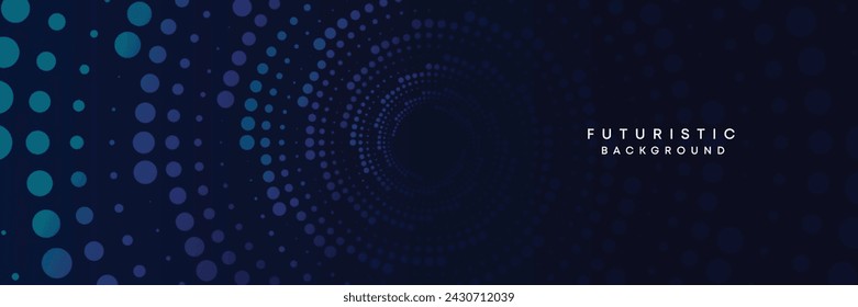 Fondo web degradado de banner de tecnología digital azul oscuro. Líneas ondulantes abstractas azules y círculos de semitonos enmarcan el fondo de negocios del patrón diagonal geométrico brillante para el folleto, la cubierta, el encabezado