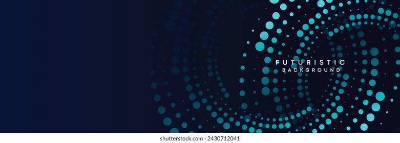 Dark blue digital technology banner gradient web background. Blue abstract waving lines and halftone circles frame glowing geometric diagonal pattern business background for brochure, cover, header