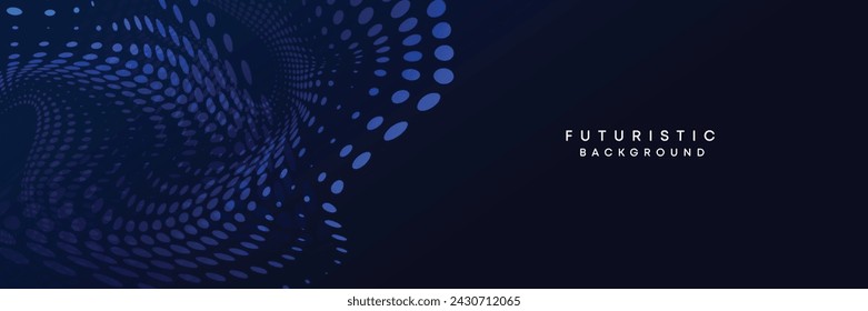 Dark blue digital technology banner gradient web background. Blue abstract waving lines and halftone circles frame glowing geometric diagonal pattern business background for brochure, cover, header